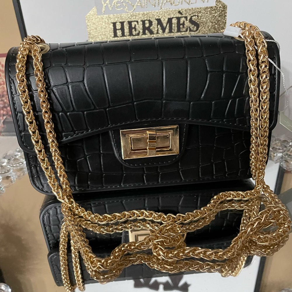 NWT vegan Black Croc-Embossed Bag with Gold Chain crossbody too